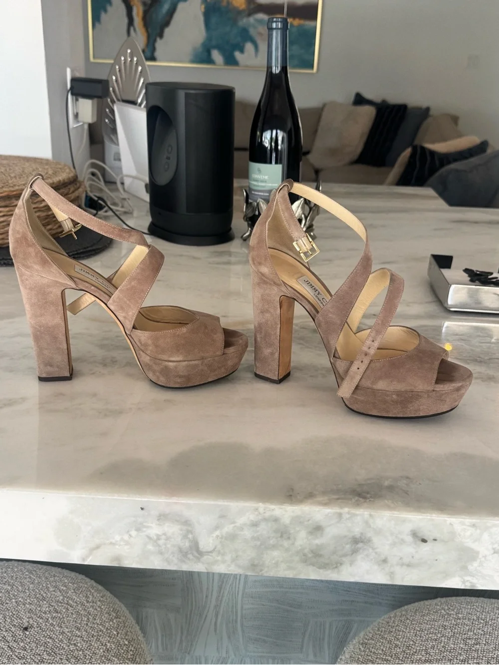 Jimmy Choo Taupe Suede Crisscross Platform Sandals size 38 -good condition